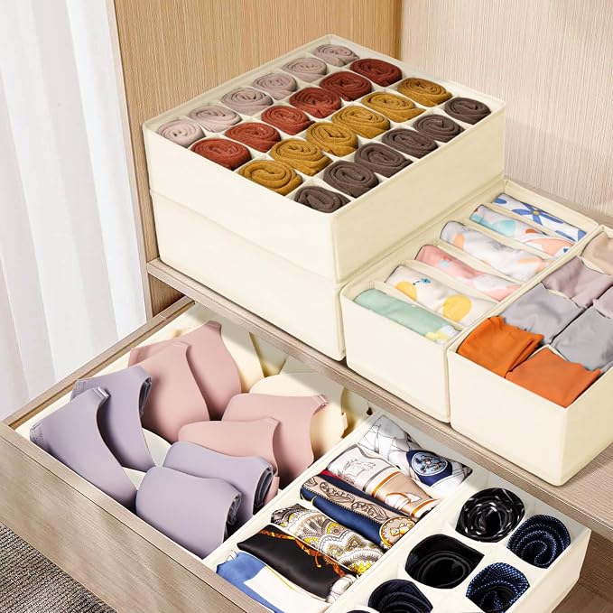 Drawer Organizer Clothes, 8 Pack Dresser Organizer Bins for Baby Clothes, Underwear Sock, Fabric Closet Organization and Storage Dividers for Nursery Bedroom (48 Compartments, Beige) - Image 5