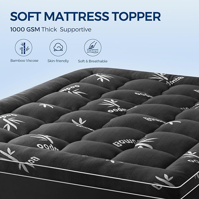 Mattress Topper Full Size, Cooling Extra Thick Breathable Viscose Made from Bamboo Mattress pad, Soft Quilted Fitted Mattress Cover with 1000 GSM Down Alternative Fill (8-21”Deep Pocket) Dark Gray