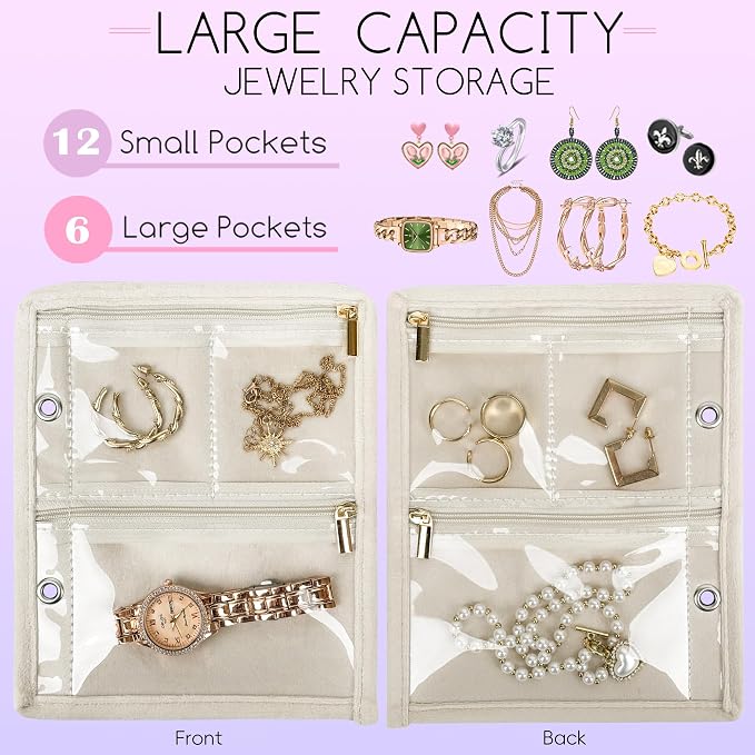 Travel Jewelry Organizer Case, Jewelry Bags Jewelry Storage Book Binder with Clear Zipper Velvet Pouch for Traveling,Earrings, Rings, Necklace, Bracelet (Inner Pages,Beige,3 PCS) - Image 3