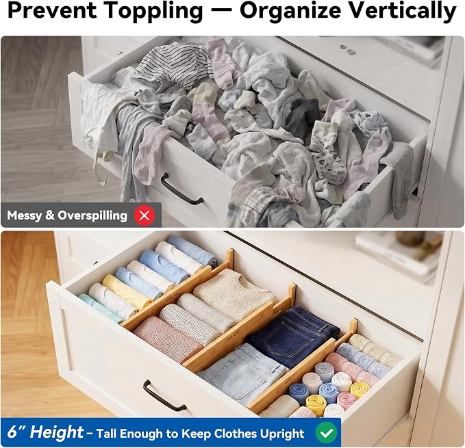 4 Pack Deep Drawer Dividers, 6" High Bamboo Expandable Drawer Organizers, 17-22" Adjustable Tension Separators, Large Drawer Dividers for Kitchen, Bedroom Dresser, Baby Nursery & Bathroom - Image 3