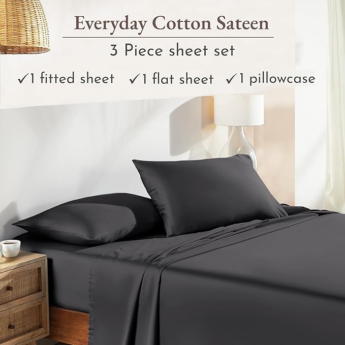 California Design Den Twin Sheets Set - Natural 100% Cotton Sheets with 12" Pockets, Soft Sateen, Breathable and Durable Bedding Set for Dorm Rooms, College Dark Grey (Black Tone)