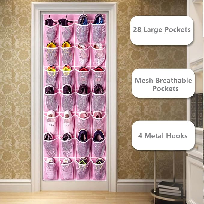 KEEPJOY 28 Pockets Hanging Shoe Organizer, Over the Door Shoe Organizer, Hanging Door Shoe Holder Rack with Mesh Pockets Large Size 65 x 23 Inch (Pink-1Pack) - Image 3