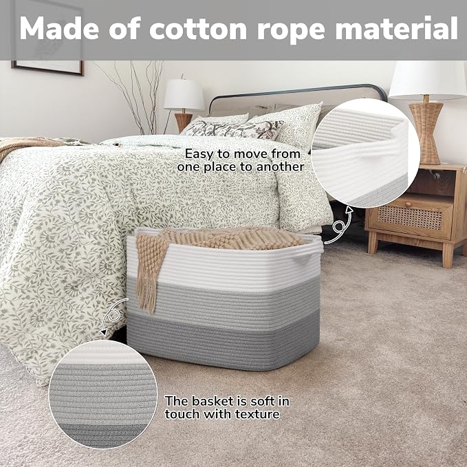 Goodpick Large Woven Basket, Rectangle Rope Storage Baskets for Organizing, Blanket Basket with Handles for Living Room, Nursery, Gradient Gray, 18 x 14 x 12 Inches - Image 5