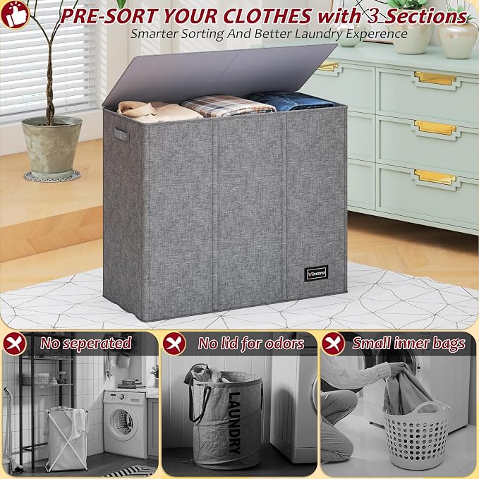 195L Laundry Hamper 3 Section,Large Laundry Hamper with Lid,Dirty Clothes Hamper with 3 Inner Bags,Collapsible Laundry Basket Organizer for Laundry Room,Bedroom,Laundry Sorter Hamper 3 Compartment - Image 3