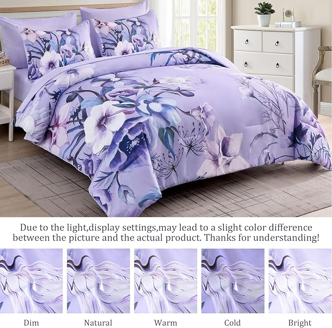 Luxudecor Lavender Purple Floral Comforter Set Queen Size 7 Piece, Flower Bed in a Bag, Elegant Comforter with Sheet Set, Soft Microfiber Bedding Set for All Season (Lavender, 90"x90")