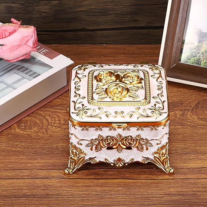 Hipiwe Vintage Jewelry Box Rectangular Trinket Chest Metal Treasure Holder for Ring Earrings Organizer Keepsake Box Gift for Woman, Beige, 5.1" L x 5.1" W x 3.1" H - Image 7