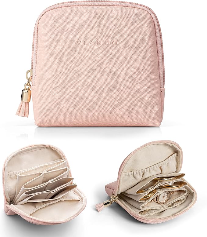 VLANDO Small Travel Jewelry Organizer,Jewelry Pouch Bags,Velvet Jewelry Storage Bag for Bracelet Rings Earring,Portable Jewelry Travel Case for Traveler-Pink by VLANDO
