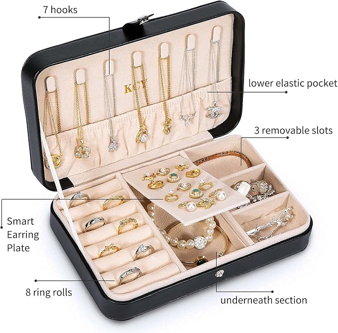 KCY Travel Jewelry Organizer Box for Women Girls, Small Travel Jewelry Case, PU Leather Portable Jewellery Storage Boxes Display Holder for Ring Earrings Necklace Bracelet Bangle, Gifts, Black - Image 3