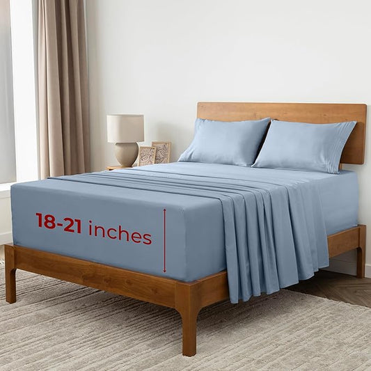 Mellanni Extra Deep Split King Sheets - 5 PC Iconic Collection Bedding - Luxury, Ultra Soft, Cooling Bed Sheets - Wrinkle, Fade, Stain Resistant (Split King, Blue Hydrangea)