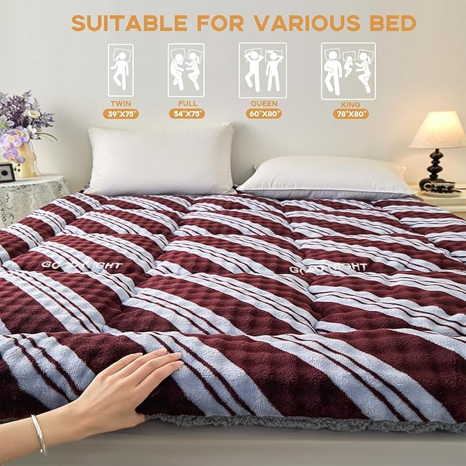 Twin Mattress Pad 39 x 75 inches, Warm Thicken Velvet Mattress Topper Twin Protector with 4 Elastic Band, Suitable for Mattresses up to 15 inches Thick Washable, Brown Stripes