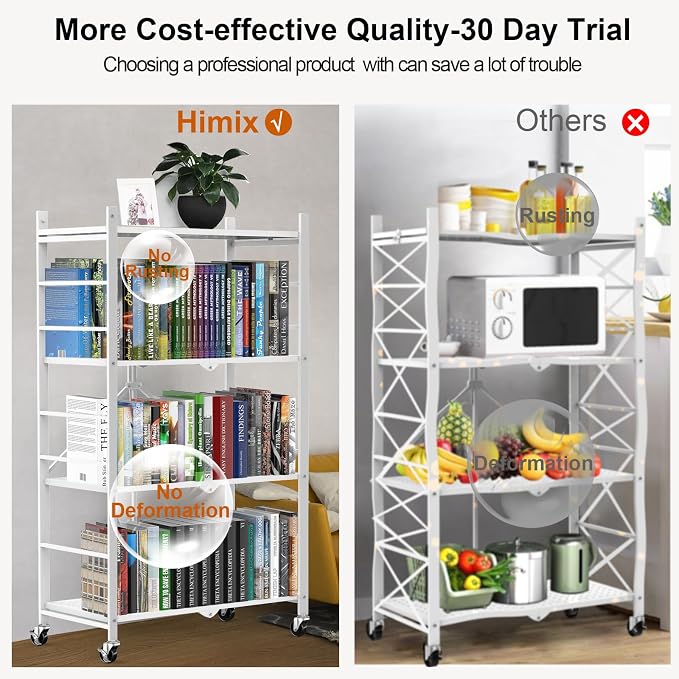 Himix Storage Shelves with 20 Hooks, 4-Tier Foldable Shelves for Storage, Folding Shelf Unit Pantry Shelves with Wheels, Metal Shelving Storage Rack Shelf for Kitchen Garage Home, White - No Assembly - Image 7