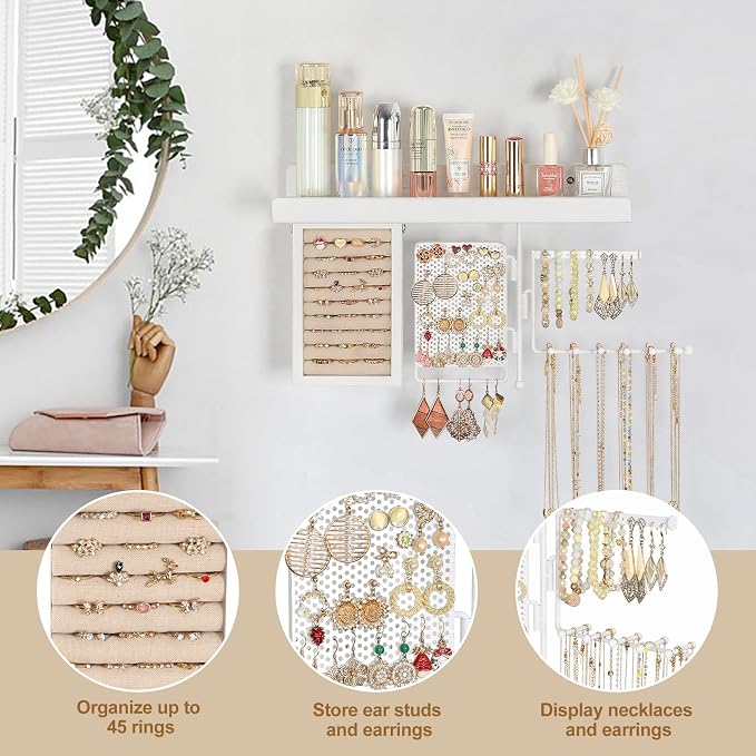 SOLIMINTR Hanging Jewelry Organizer Wall Mount with Rustic Wood Shelf, Ring Display Box, Ear Studs Earring Holder, Rotating Necklace Holder Organizer White - Image 2