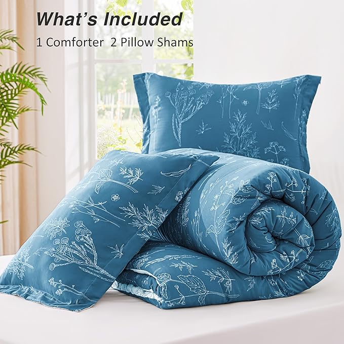 Love's cabin Mineral Blue Comforter Set King - King Size Comforter Set, 3 Pieces Cute Floral Bedding Sets for All Seasons,1 Soft Reversible Botanical Flowers Comforter and 2 Pillow Shams