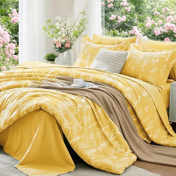 MUXHOMO Bright Yellow Bed in a Bag King 7 Pieces, King Comforter Set Reversible Botanical Flowers Design, Ultra Soft & Breathable Bedding Sets with Comforter, Sheets, Pillowcases & Shams