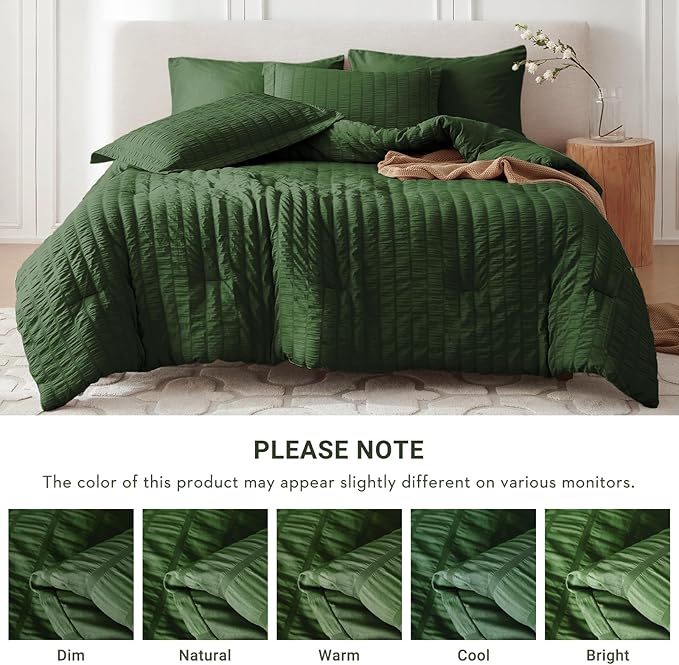 MUXHOMO 5 Pieces Twin XL Comforter Set, Seersucker Bed in a Bag Twin XL Size, All Season Luxury Bedding Set with Comforter, Flat Sheet, Fitted Sheet, Pillowcase & Sham, Dark Green