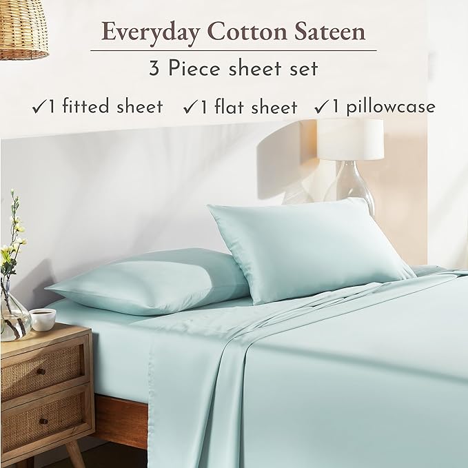 California Design Den Natural 100% Cotton Sheets Twin XL Size Set - Soft Sateen Weave, Twin XL Sheets, 12" Pockets, Breathable and Durable Bedding Set for Dorm Rooms, College (Seafoam)