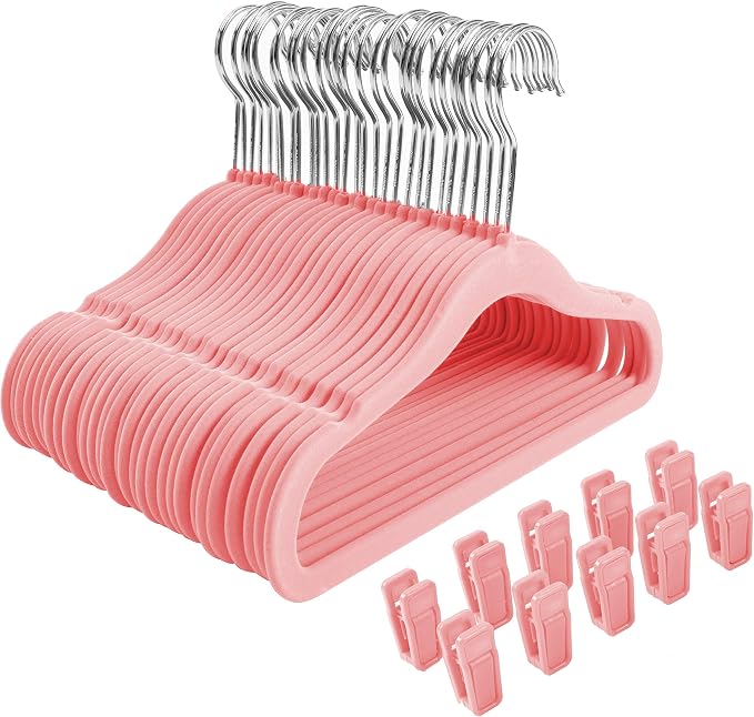 Finnhomy Non-Slip Clothes Hangers for Baby and Kids 30-Pack Velvet Hangers with 10 Finger Clips, Light Pink by Finnhomy