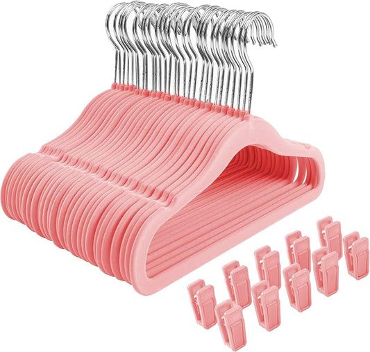 Finnhomy Non-Slip Clothes Hangers for Baby and Kids 30-Pack Velvet Hangers with 10 Finger Clips, Light Pink by Finnhomy