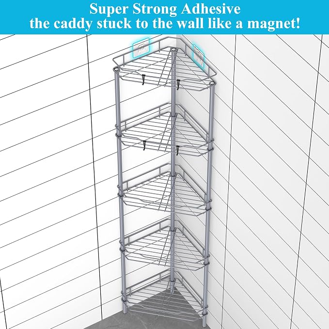 HuggieGems 5 Tier Floor Standing Corner Shower Caddy Organizer Shelf with Hooks, Bathroom Shelves Stand Rack, Dark Gray - Image 2
