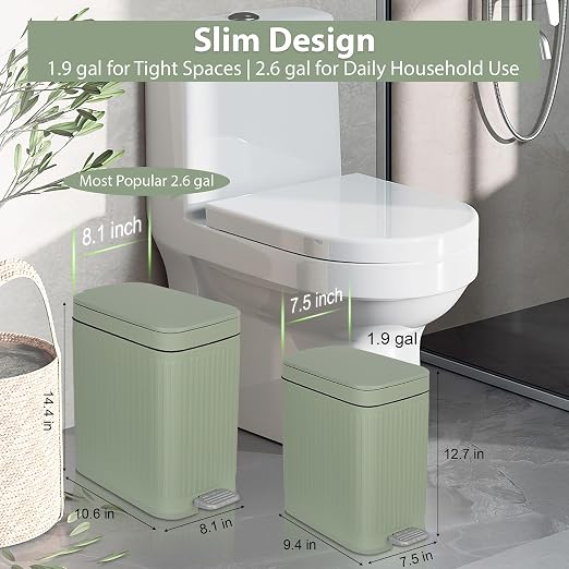 rejomiik Small Bathroom Trash Can with Lid Slim Soft Close Garbage Can Step Wastebasket Container Trash Bin for Office Bedroom Kitchen Living Room (1.9 Gallon Light Green) - Image 2