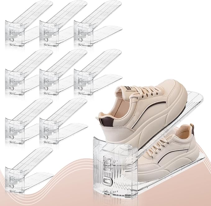 FENRUNXU 10 Pack Transparent Shoe Stacker,Shoe Slots Organizer for Closet, Shoe Display Space Saver,Adjustable Shoe Rack Organizer Holder for High Heels,Sneakers(Transparent) - Image 2