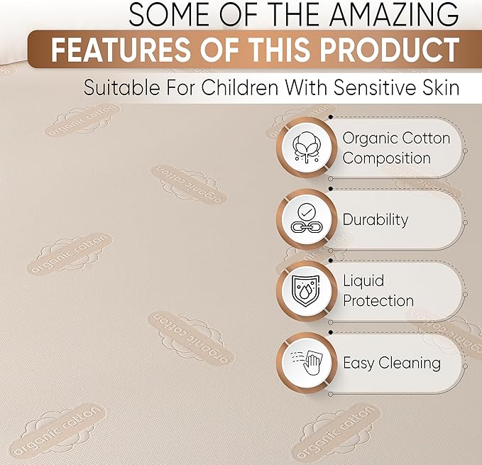 Deluxe Waterproof Organic Mattress Protector Twin Size - OCS Certified Organic Cotton, Breathable Mattress Pad Cover - Premium 280 GSM Comfort - Jersey Cotton Skirt - Deep Pocket Fitted Style