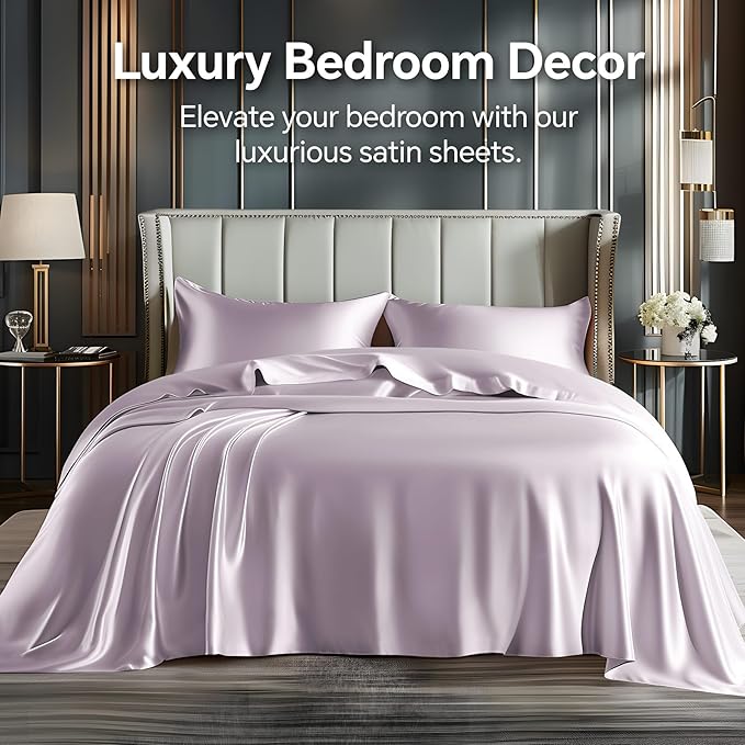 BEDELITE California King Sheets Set, Luxury Soft Lavender Satin Sheets for Hair and Skin, Similar to Silk Bed Sheets Set 4 Pieces with 1 Deep Pocket Fitted Sheet, 1 Flat Sheet, and 2 Pillowcases