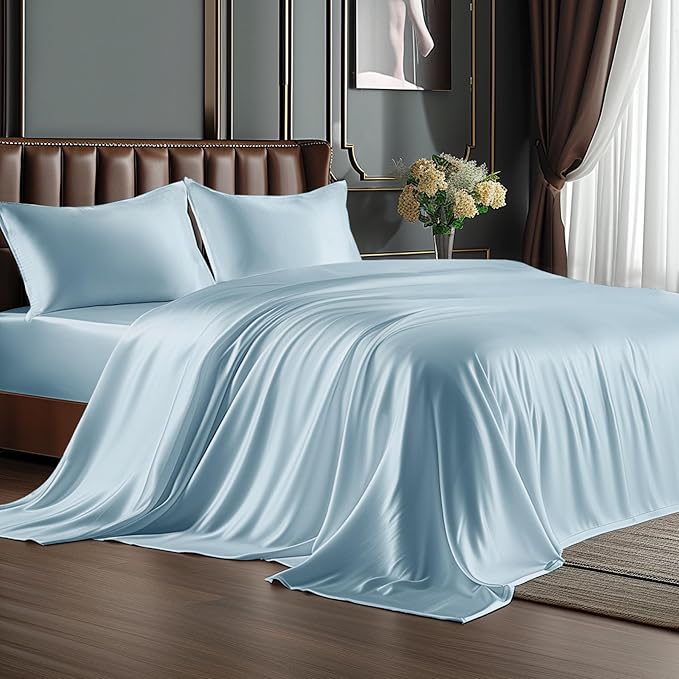 BEDELITE California King Sheets Set, Luxury Soft Light Blue Satin Sheets for Hair and Skin, Similar to Silk Bed Sheets Set 4 Pieces with 1 Deep Pocket Fitted Sheet, 1 Flat Sheet, and 2 Pillowcases