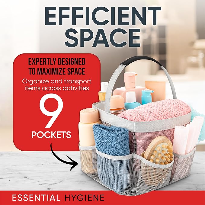 Masirs Mesh Shower Caddy – 9 Pocket Portable Shower Caddy Organizer for College Dorm, Travel, Gym, Bathroom – Quick Dry, Lightweight Tote Bag for Toiletries & Essentials, Gray - Image 5