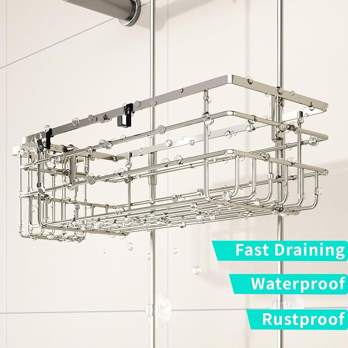 HapiRm Hanging Shower Caddy Organizer - No Drilling Shower Shelves with Hooks and Toothbrush Holder, Rustproof 304 Stainless Steel Bathroom Organizer - Brushed Nickel - Image 5