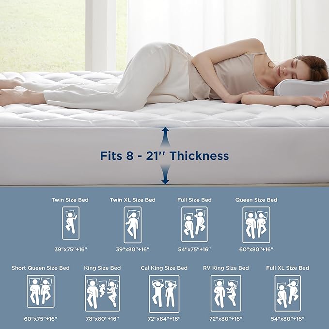 Bedsure Full Size Mattress Pad - Quilted Fitted Mattress Topper Protector with 8-21 Inches Deep Pocket, Noiseless Breathable Bed Cover Padded, Machine Washable, White, 54x75 Inches