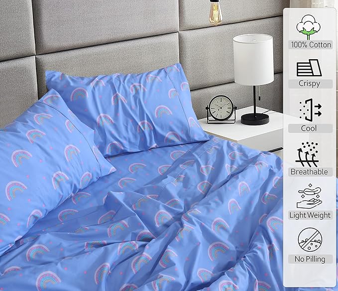 RUVANTI 100% Cotton Sheets – Twin XL Size Percale Bedding, Cooling & Breathable Floral Design, Durable with a Crisp, Soft & Comfortable Feel, 16" Deep Pocket, 3-Piece Set, Baby Rainbow