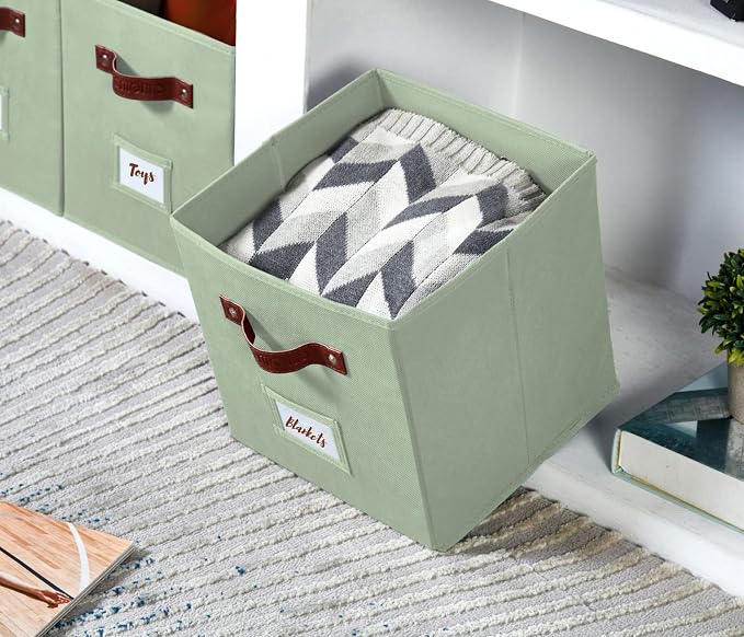 DECOMOMO Storage Bins, Cube Storage Bin with Labels, Fabric Storage Cubes for Shelves (10.5" x 11" / 6pcs, Sage Green) - Image 8
