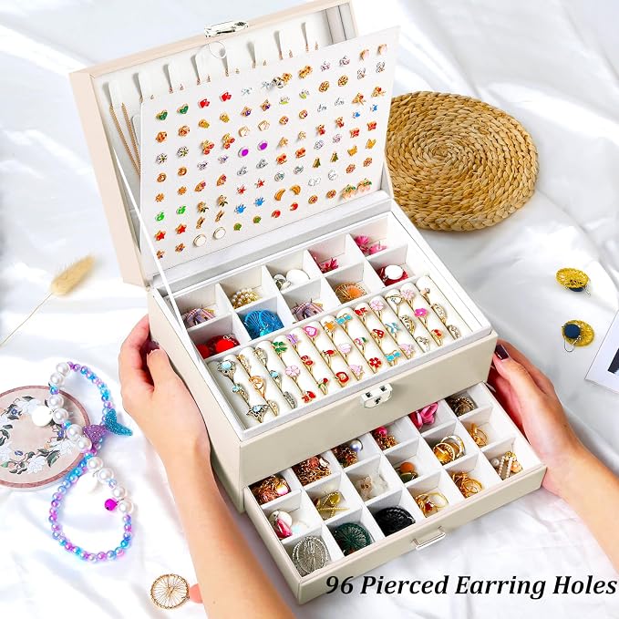QBestry Earrings Jewelry Box for Girls, 5 Layers Jewelry Organizer with Earring Holder Organizer for Girls Earring Organizer Jewelry Boxes for Women Earrings and Necklaces Jewelry Box Organizer Beige - Image 6