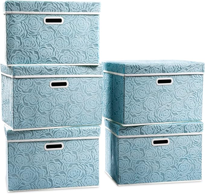 PRANDOM Large Collapsible Storage Boxes with Lids [5-Pack] Fabric Decorative Storage Bins Cubes Organizer Containers Baskets with Cover Handles for Bedroom Closet Nursery Blue 17.5x11.8x11.8 Inch by Prandom
