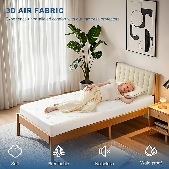 BEDLORE Twin XL Size Waterproof Mattress Protector Viscose Derived from Bamboo, Soft Mattress Cover Fitted with Deep Pocket 6"-15", Breathable Noiseless Mattress Pad, Machine Washable(White)