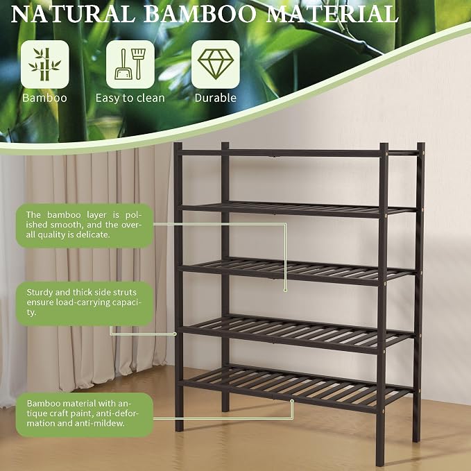 ROMGUAR CRAFT 5 Tier Bamboo Shoe Rack for Closet Free Standing Wood Shoe Shelf for Entryway Small Space Stackable 27"x11"x33" (Brown) - Image 6