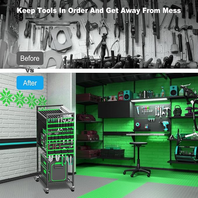 JUNNUJ Large Power Tool Organizer Cart with Charging Station, Garage Floor Standing Rolling Drill and Tools Battery Storage Cart on Wheels, Heavy Duty Rack Shelf with 8 Outlet Power Strip, Green - Image 7