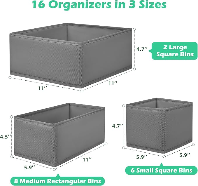 Drawer Clothing Organizer 16-Pack, Grey 3 Sizes Underwear Drawer Dividers, Fabric Folding Wardrobe Organizer, Can Store Baby Clothes, Bras, Underwear, Panties, Belts, Socks, Ties, etc. - Image 2