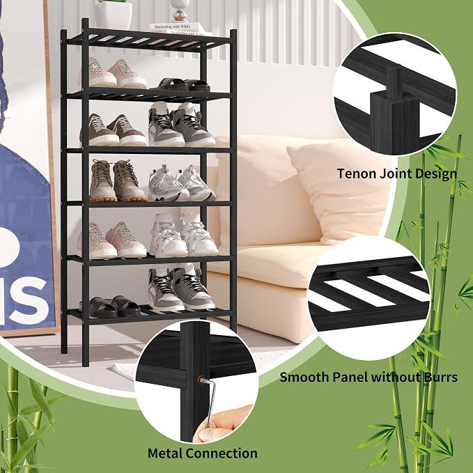 ROMGUAR CRAFT 6-Tier Bamboo Small Shoe Rack, Free Standing Wood Shoe Shelf Storage Organizer for Closet Entryway Stackable (Black) - Image 5