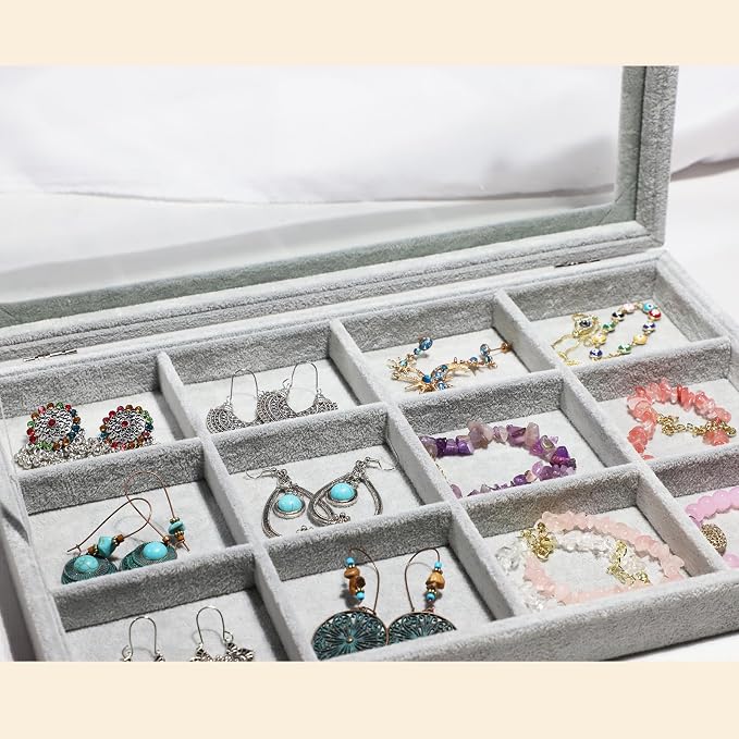Stratalife Jewelry Holder Organizer Jewelry Organizer Box Bracelet Storage Velvet Jewelry Tray with Clear Lid Jewelry Drawer Organizer Jewelry Display Tray 12 Grid Grey - Image 3