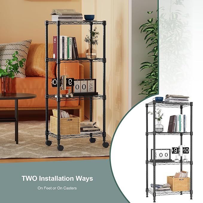M MZG 4-Shelf Adjustable Heavy Duty Steel Wire Rack, Adjustable Storage Shelving Unit with Wheel for Kitchen, Garage, Laundry Black 11.8" D x 17.7" W x 40.8" H - Image 7