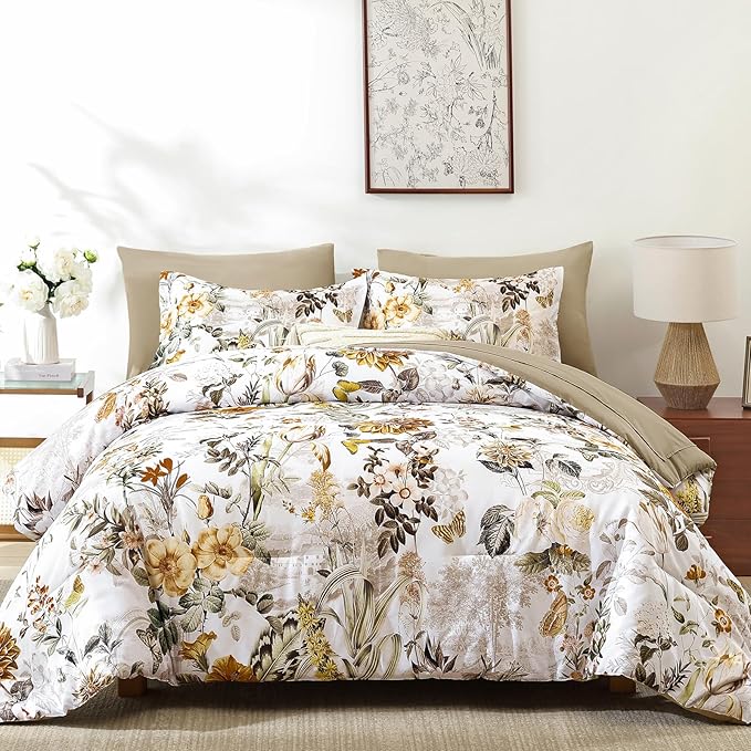 WONGS BEDDING 7 Pieces Bed in a Bag, Brown Comforter Set King Size, Colorful Botanical Flowers Leaves Pattern Bedding Set with Comforter, Sheets, Pillowcases & Shams