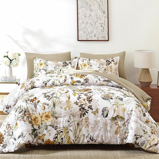 WONGS BEDDING 7 Pieces Bed in a Bag, Brown Comforter Set King Size, Colorful Botanical Flowers Leaves Pattern Bedding Set with Comforter, Sheets, Pillowcases & Shams