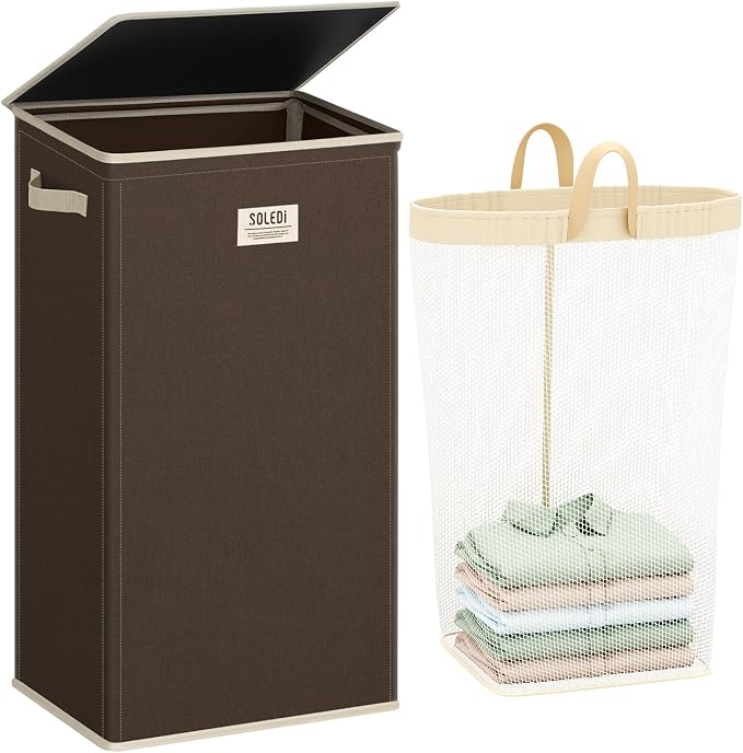 SOLEDI Laundry Hamper with Lid 100L Large & Tall Collapsible Laundry Basket, Clothes Hamper with Bag Removable Easy to Carry, Dirty Hampers for Bedroom, Bathroom, Dorm, College, Chocolate by SOLEDI