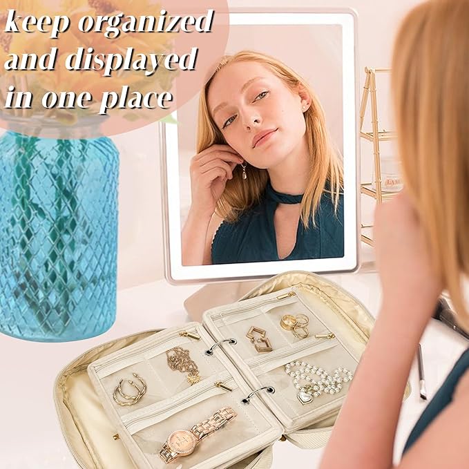 Travel Jewelry Organizer Case,Jewelry Bags Jewelry Storage Book Binder with Clear Zipper Velvet Pouch for Traveling,Earrings, Rings, Necklace, Bracelet (White) - Image 5