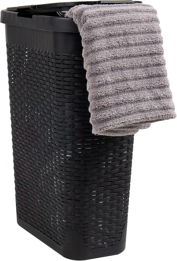 Mind Reader Slim Laundry Hamper with Lid, 40L Clothes Basket, Narrow Tapered Design with Ventilated Cutout Pattern, Plastic, Black by MindReader