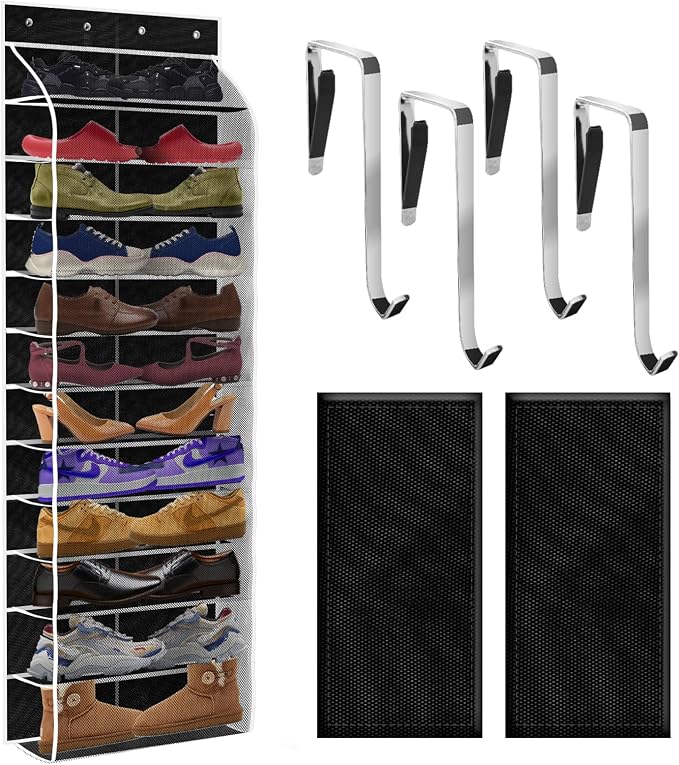 PAULONE 12 Pocket Over the Door Shoe Organizer,Reusable Breathable Large Mesh Bag Men's & Women's Sneaker Organizer,Shoe Organizer for Kids,Hanging Shoe Storage Hanging Bag (Black) by Unknown