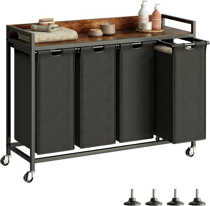 Herture Laundry Hamper with Shelf, Laundry Basket 4 Section, Laundry Sorter with Pull-Out Removable Large Bags and Movable Wheels, Metal Frame, 4 x 15.87 Gallons (60L), Rustic Brown + Black PF07XLY by Herture