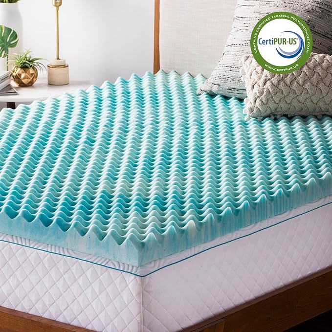 Linenspa 2 Inch Gel Memory Foam Mattress Topper – Egg Crate Style, Reversible for two feels – Promotes Airflow & Relieves Pressure Points – Queen